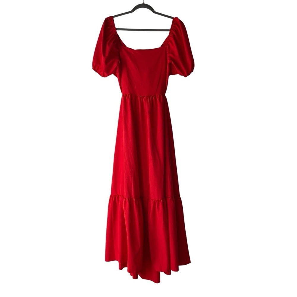 SHEIN Red Midi Dress with Puff Sleeves
